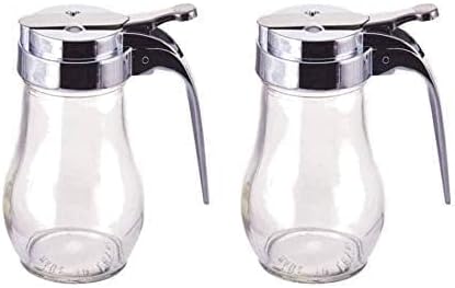 Great Credentials© Syrup Dispenser with Cast Zinc Top Glass Bulb Jar, Sugar Dispenser, Retracting Spout, Dispensing Thumb-Lever, 6 OZ. Pancake House Style set of 2