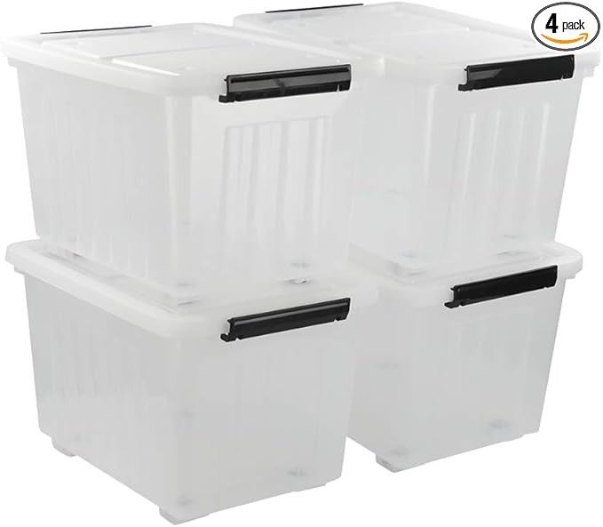 Asking 4-Pack Clear Large 50 L Plastic Storage Boxes, Plastic Storage Bins with Wheels