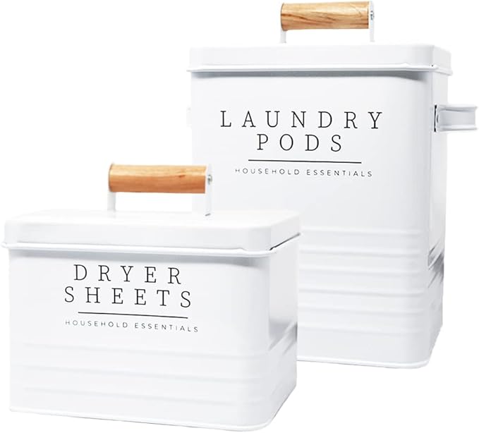 KOANEssentials Farmhouse Metal Laundry Pods Container with Dryer Sheet Holder for Laundry Room Organization and Storage, Farmhouse Decor, Eco Frendly,Holds 200 Laundry Pods and 300 Dryer Sheets