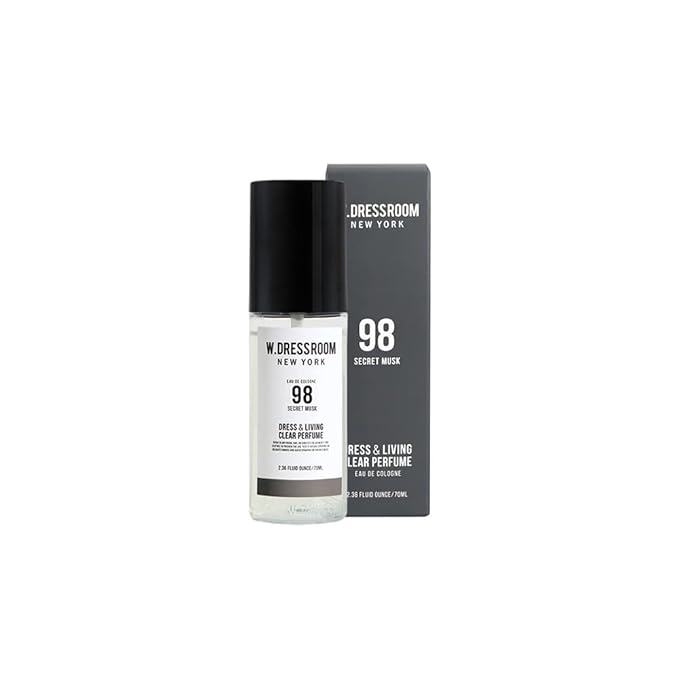 W.Dressroom No.98 Secret Musk Living Clear Perfume, Body Mist & Fabric Spray Deodorizer, Alcohol-Free Water-Based, Odor Neutralizer for Clothes, Bedding & Room, Travel Size 2.36 oz