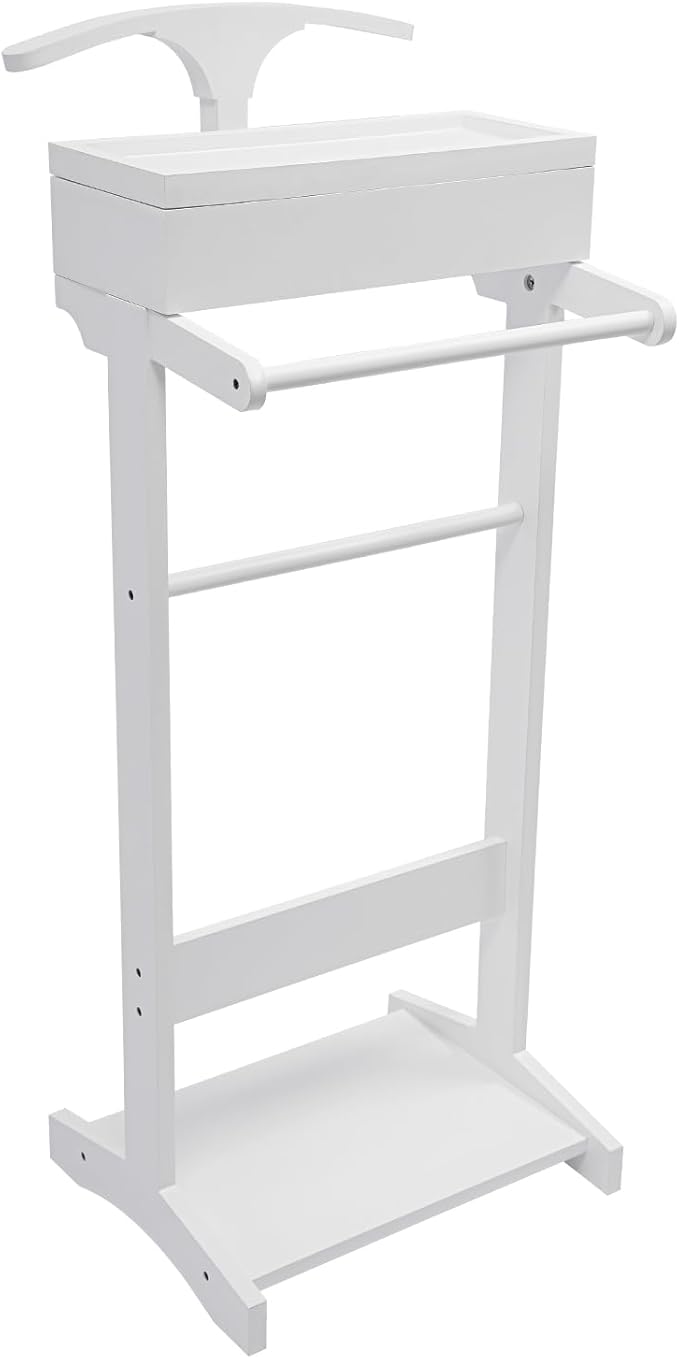 Clothing Rack, Wood Suit Clothes Stand with Drawer, Practical Freestanding Clothes Stand with Top Tray for Men, Women, Organizes Ties, Belts, Shoes, 22Ibs Capacity, Modern White