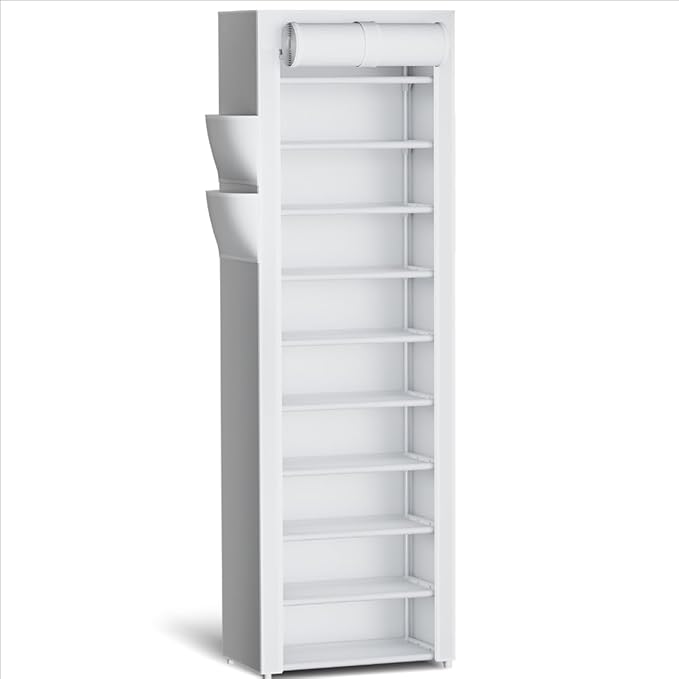 Kitsure Shoe Rack - 10-Tier Large Capacity Shoe Organizer Shelf with Dust Cover & Side Pockets, Rust-Proof Metal Shoe Rack for Closet, Entrance, Living Room, 17.5" x 12.4" x 69.3", White