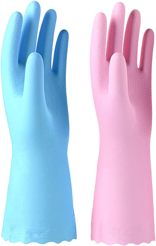 Alimat PluS 2 Pack Reusable Cleaning Gloves Latex Free, Dishwashing Gloves with Cotton Flock Liner and Embossed Palm, Waterproof Household Gloves for Laundry, Gardening（Large）