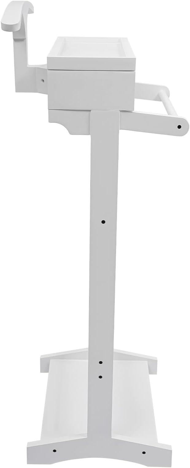 TFCFL Wooden Suit Rack with Drawer & Trouser Holder, Multi-functional Coat Stand for Hats/Scarves/Belts, Space-Saving Standing Suit Valet Stand for Home/Office, 22lbs Load Capacity (White)