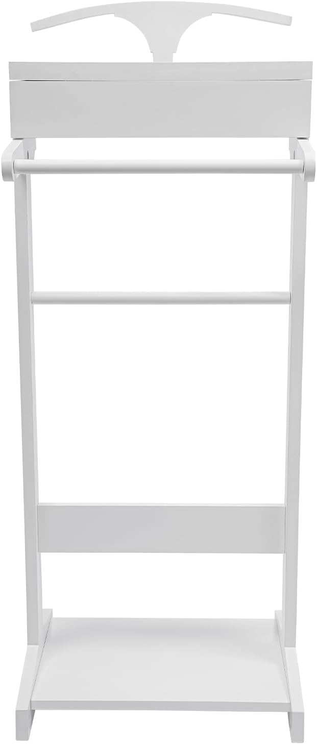 Valet Stand with Drawer and Top Tray, Wood Mens Suit Valet Stand with Wood Base, Freestanding Clothes Valet Stand with Hanger, Storage Organizer for Entryway Office Living Room (D, White)