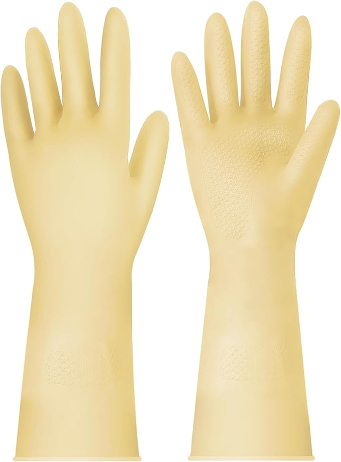 Rubber Cleaning Gloves for Dishwashing - 4 Pairs Kitchen Gloves for Washing Dishes, Reusable Household Gloves for Bathroom, Gardening (Small, Beige)