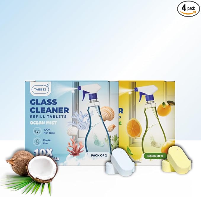 Glass Cleaner Refill Tablets | Plant-Based Streak-Free Window & Mirror Cleaner | Non-Toxic & Eco-Friendly Cleaning Solution | Plastic-Free Packaging | Assorted - Pack of 4