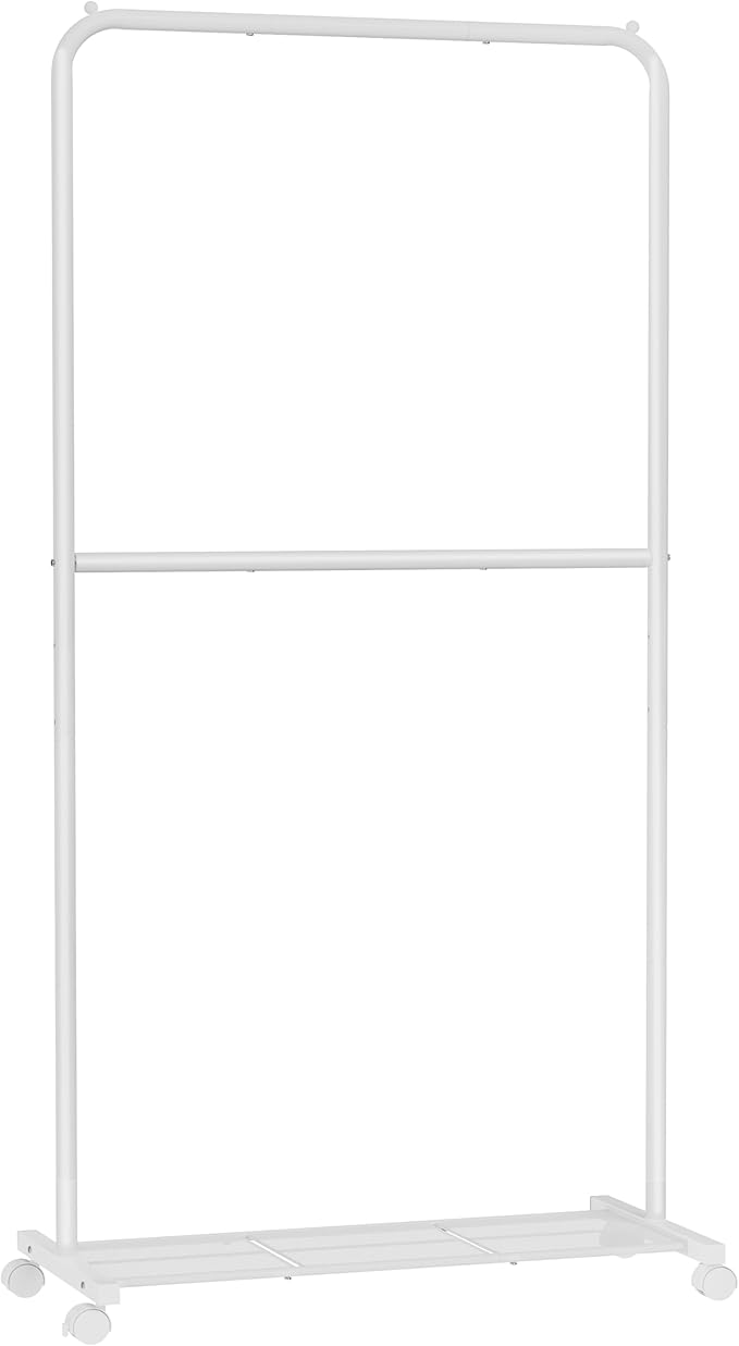 SONGMICS Clothes Rack with Wheels, Double-Rod Clothing Rack for Hanging Clothes, 25.4mm Metal Garment Rack with Dense Mesh Storage Shelf, 110 lb Load Capacity, 2 Brakes, White UHSR027W01