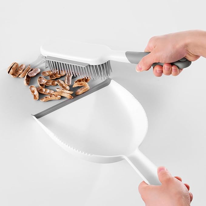 Multi-use Cleaning Brush and Broom Dustpan Set, 2pcs Mini Sweeping Tools with Bed and Desktop Brush for Home Dust Removal, White and Grey Handheld Cleaning Accessories