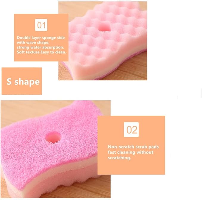 Yellow Pink Colors Multi-Functional Sponges Non-Scratch Scrub Sponges Household Kitchen Cleaning Sponges Durable Scouring Pads,Pack of 4