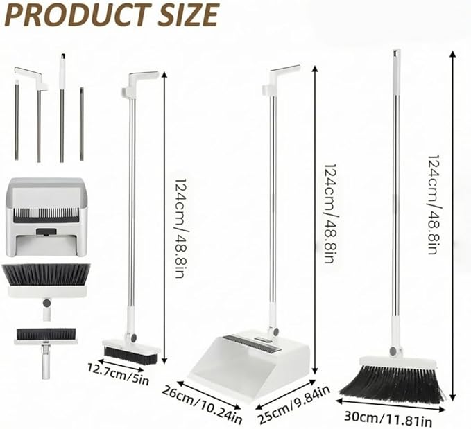 3 in 1 Broom and Dustpan Set with Adjustable Push Broom with 48.8“ Long Handle for Floor Sweeping Outdoor Indoor Sweeping Combo for Home & Kitchen (Blue)