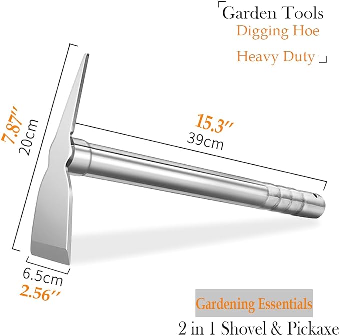 Gardening Hoe, 2 in 1 Shovel and Pickaxe, Digging Hoe Garden Tools Heavy Duty Stainless Steel Vegetable Flower Planting Digging Gadget (Shovel and Pickaxe)