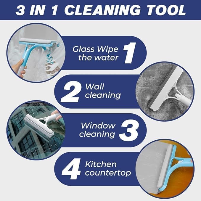 3 in 1 Window Cleaning Tool for Car Indoor Outdoor High Windows, Spray Window Squeegee Cleaner Tool with Spray Bottle,Window Wiper Silicone Cleaner Brush Scraper,for Car, Home, Kitchen (Blue)