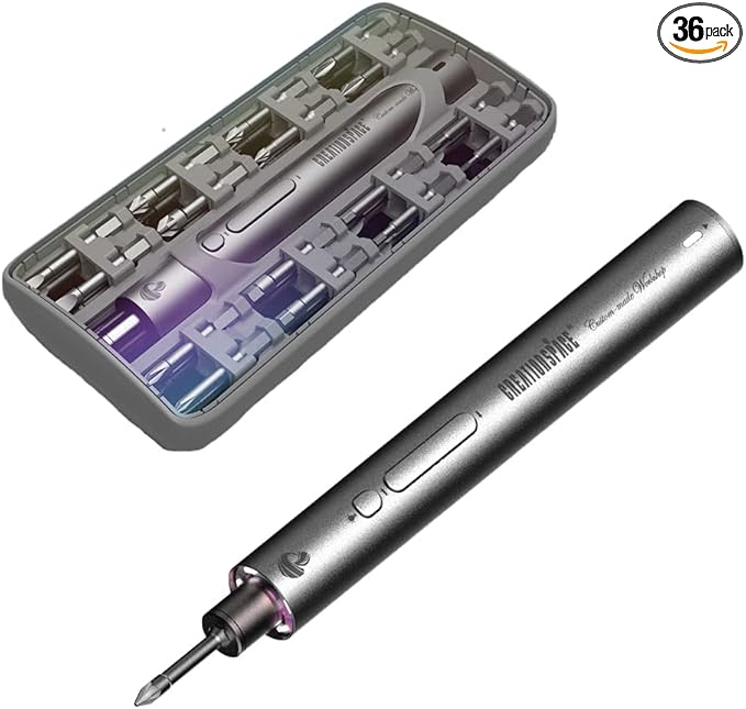Electric screwdriver set, magnetic precision bits cordless lithium charge LED power screwdriver, Rechargeable, Repair Tool Kit for electronics, grey, 7.5x1x1 inches (CS 1901A)
