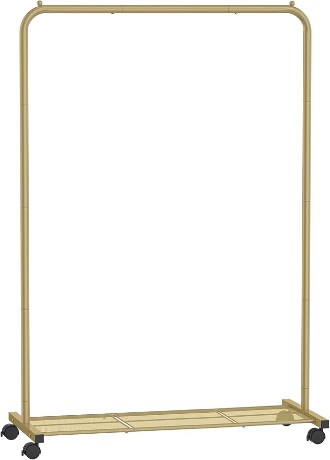 SONGMICS Clothes Rack with Wheels, Clothing Rack for Hanging Clothes, 25.4 mm Metal Garment Rack with Dense Mesh Storage Shelf, 110 lb Load Capacity, 2 Brakes, Gold UHSR025A01
