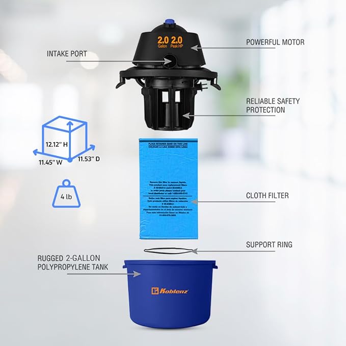 Koblenz Wet Dry Vacuum Cleaner, 2 Gallon 2.0 PHP, 60 CFM, 10 ft Reach, Twist-N-Lock Hose, Small Shop Vac, Portable Shop Vac for Home Car Garage Workshop, Accessories Included, Blue/Black, WD-2L