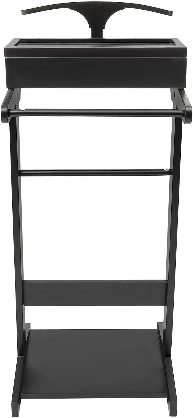 Clothing Rack, Wood Suit Clothes Stand with Drawer, Practical Freestanding Clothes Stand with Top Tray for Men, Women,Organizes Ties, Belts, Shoes, 22Ibs Capacity, Modern Black