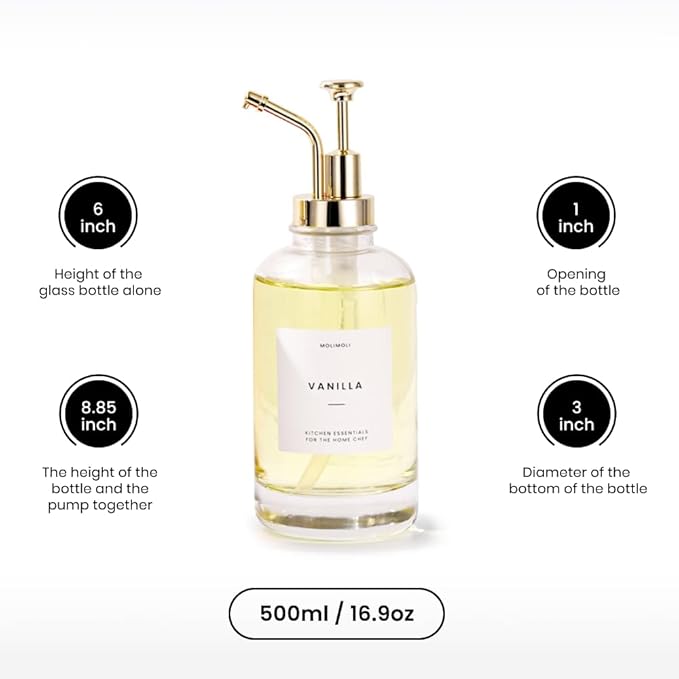 Molimoli Coffee Syrup Dispenser for Coffee Bar, Coffee Pump Dispenser, Glass Syrup Bottle w. Pump, Maple/Coffee Syrup Bottles, Set of 4 w. Labels, Gold