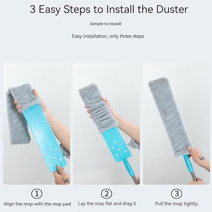 Retractable Gap Duster with 60" Extension Pole, Flexible Microfiber Brush for Under Appliances, Furniture & Tight Spaces, Washable Flat Duster for Fridge Stove Couch Crevices (2 Replacement Fabric)