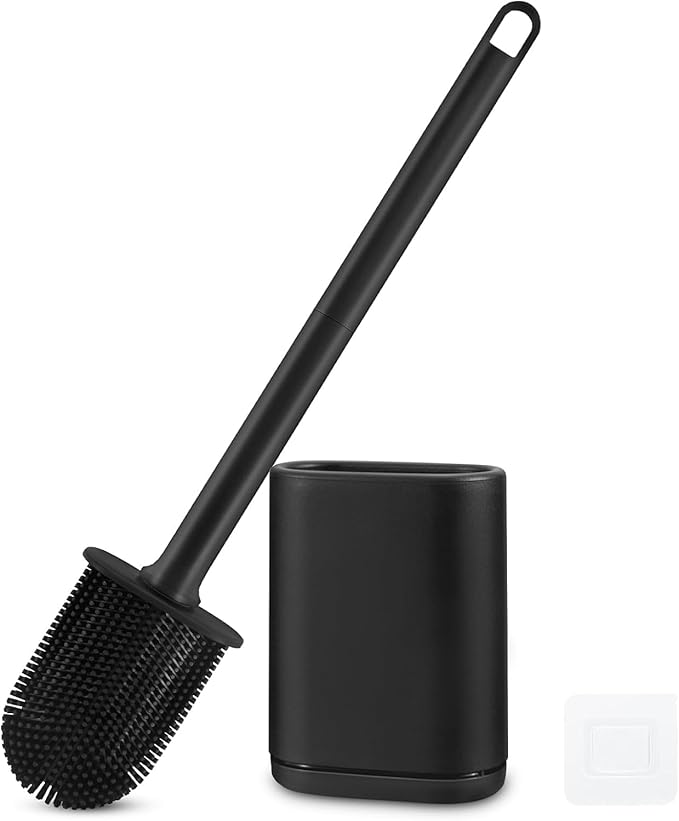Silicone Toilet Brush and Holder Bendable Efficient Cleaning Wall Mounted Toilet Bowl Brush with Long Handle Brush Head and Silicone Bristles No Rusty Handles Problem (Black)