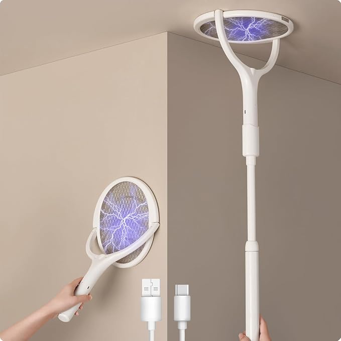 2-Pack GeckoMan Rotating Head Electric Fly Swatter Racket Rechargeable Bug Zapper Racket Bug Zapper Indoor Fly Zapper Mosquito Zapper Flies Killer for Indoors, with 2 Telescopic Extensions