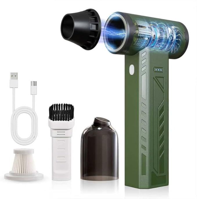 Compressed Air Duster 480000RPM Electric Air Duster Variable Speed 580G 4 Gear Adjustable Rechargeable Cordless Jet Dry Blower Turbo Fan Dryer Cleaning Air Blower Mini Car Vacuum Cleaner Army Green