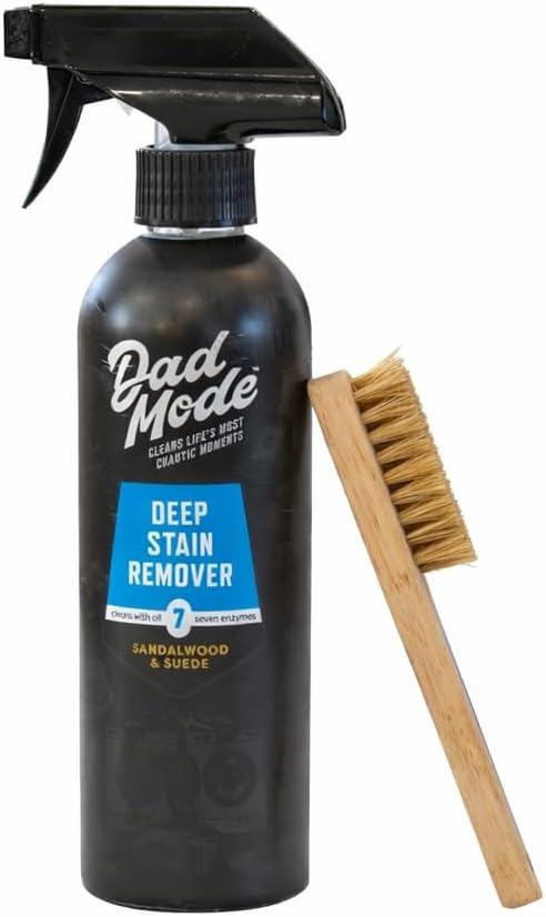 DadMode 7-Enzyme Laundry Stain & Odor Destroyer with Stain Remover Brush – Deep Cleaner for Extreme Clothing Messes Powered by Nuclease (DNAse) - Sandalwood & Suede, 16oz Refillable Bottle