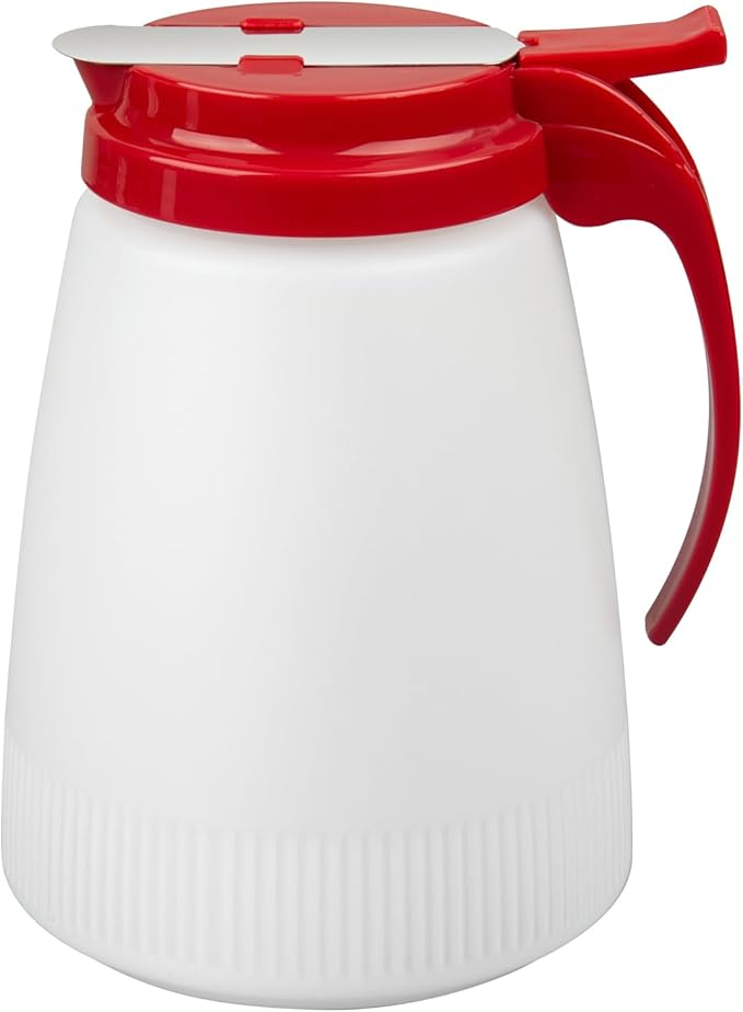 Restaurantware-Chef 101 48 Ounce All Purpose Syrup Dispensers, 10 Honey Dispensers - Red Top, Stainless Steel Slide Cover, Plastic Pancake Syrup Bottle, Perfect For Diners, Restaurants, Home