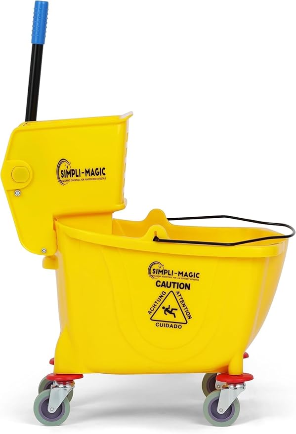 Simpli-Magic Commercial Mop Bucket with Side Press Wringer, 36 Quart – 50,000 Cycles Wringer – Industrial Mop Bucket with Wheels, Yellow, 79538A