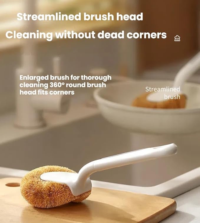 Natural Coconut Fiber Pot Scrubber with Handle – Multi-Surface Cleaning Brush for Pots, Pans, Stovetops, Kitchen Surfaces – Eco-Friendly Dishwashing Brush