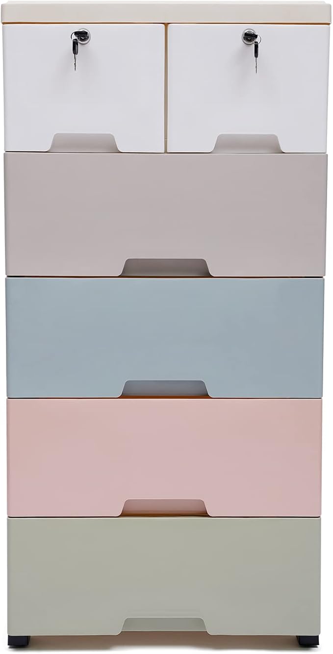 5 Layers Bookshelf, Multi-Layer Assembled Baby Wardrobe Storage Cabinet, Cube Organizer Bookcase Cabinet Storage Shelf Rack with 6 Drawers & 5 Wheels, White, Gray, Blue, Pink, Green