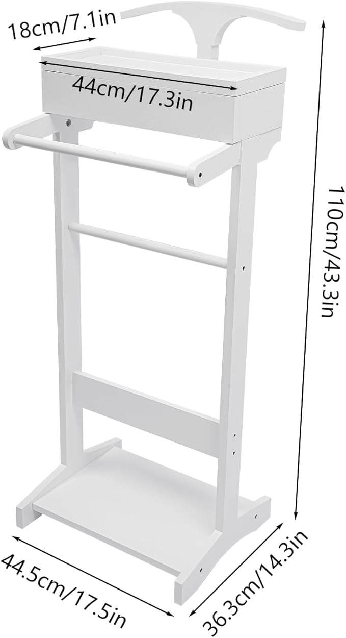 Clothing Rack, Wood Suit Clothes Stand with Drawer, Practical Freestanding Clothes Stand with Top Tray for Men, Women, Organizes Ties, Belts, Shoes, 22Ibs Capacity, Modern White