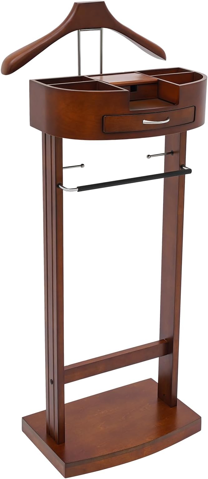 Valet Stand with Drawer and Top Tray, Wood Mens Suit Valet Stand with Wood Base, Freestanding Clothes Valet Stand with Hanger, Storage Organizer for Entryway Office Living Room (C, Walnut Color)