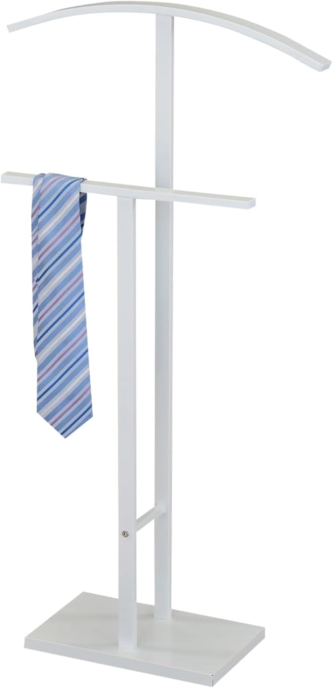 Kings Brand Furniture Dossi Modern Metal Suit Valet Stand, Clothes Rack Organizer with Jacket, Pants & Tie Holder, Space-Saving Garment Rack for Bedroom or Closet (White)