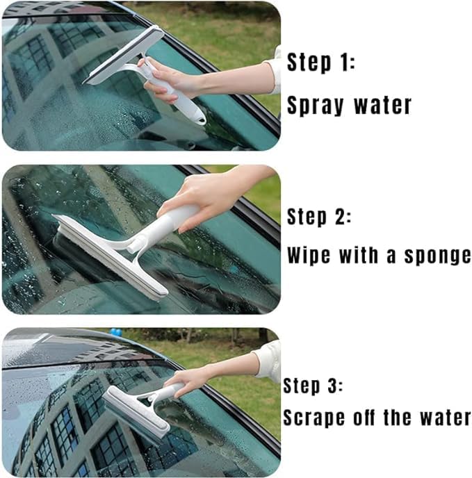 3 in 1 Window Cleaning Tool for Car Indoor Outdoor High Windows, Spray Window Squeegee Cleaner Tool with Spray Bottle,Window Wiper Silicone Cleaner Brush Scraper,for Car, Home, Kitchen (Blue)
