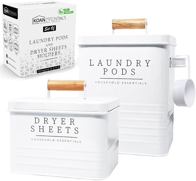 KOANEssentials Farmhouse Metal Laundry Pods Container with Dryer Sheet Holder for Laundry Room Organization and Storage, Farmhouse Decor, Eco Frendly,Holds 200 Laundry Pods and 300 Dryer Sheets