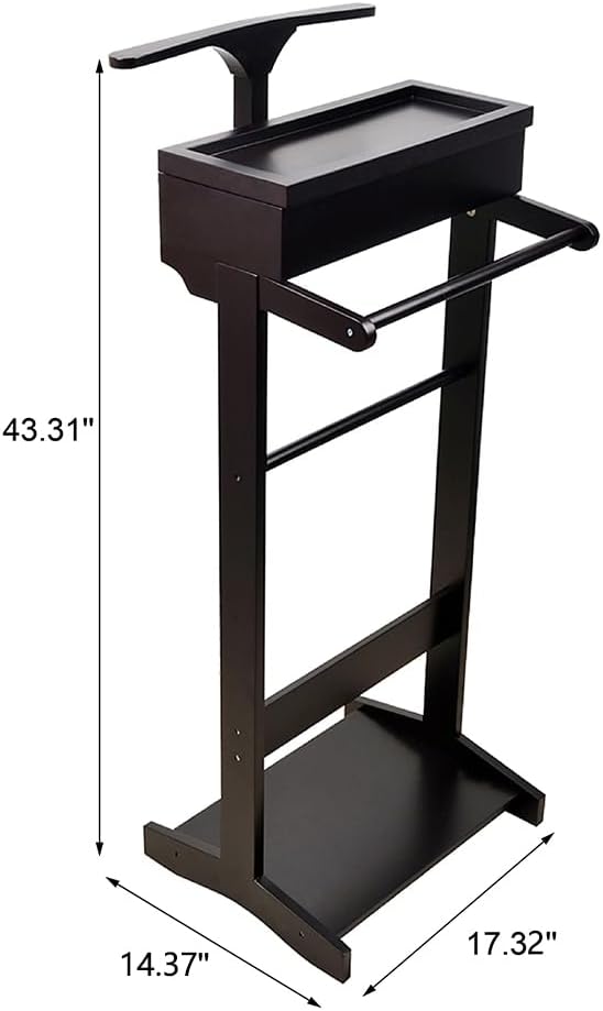 Wooden Valet Stand for Men, Clothing Rack with Top Tray Organizer, Shoe Shelf for Entryway, Bedroom, Office