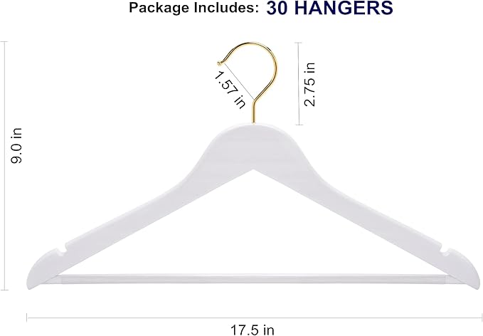 Amber Home 20 Pack White Wooden Coat Hangers with Gold Hook, White Wood Suit Hangers with Non-Slip Pant Bar, Clothes Hangers for Closet Organization, Shirts, Jackets, Dresses and Pants (White+Gold,20)