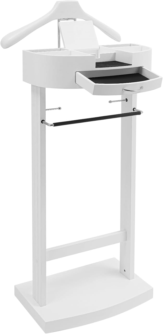 Suit Valet Stand Wood Valet Stand for Man, Wooden Clothing Valet Stand with Contour Hanger, Tray, Trouser Bar, Tie Bar and Base, Mens Valet Stand for Entryway Office Living Room (White)