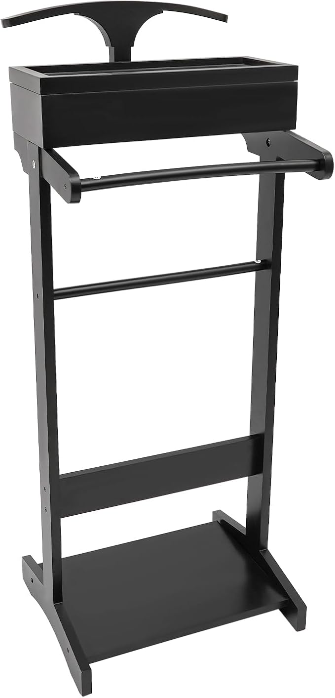 Clothing Rack, Wood Suit Clothes Stand with Drawer, Practical Freestanding Clothes Stand with Top Tray for Men, Women,Organizes Ties, Belts, Shoes, 22Ibs Capacity, Modern Black