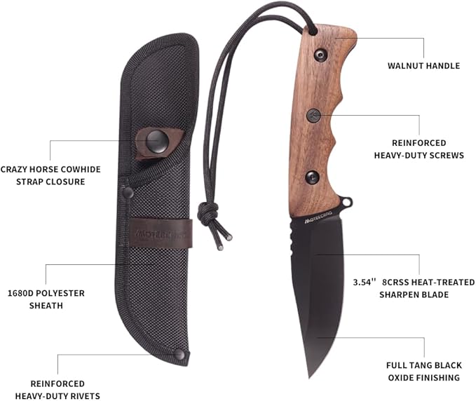 Fixed Blade Knife with Sheath, Wood Handle Full Tang Bushcraft and Camping Knife for Outdoor, Gift for Husband, Father, Friend