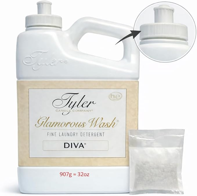 Tyler Glam Wash Laundry Detergent, Diva, Liquid, 32 Fl Oz HE Safe w/Dryer Sachet Pouch, Pull and Pour Spill Proof Cap om