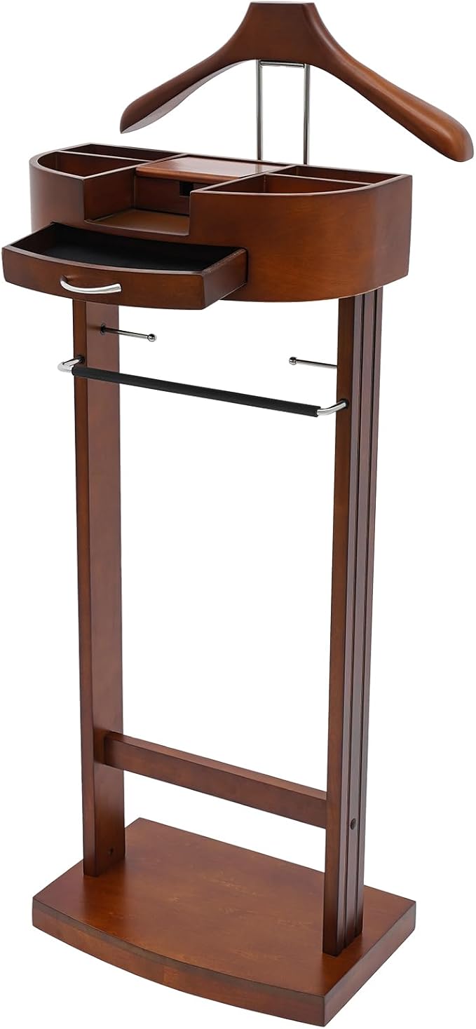 Valet Stand with Drawer and Top Tray, Wood Mens Suit Valet Stand with Wood Base, Freestanding Clothes Valet Stand with Hanger, Storage Organizer for Entryway Office Living Room (C, Walnut Color)