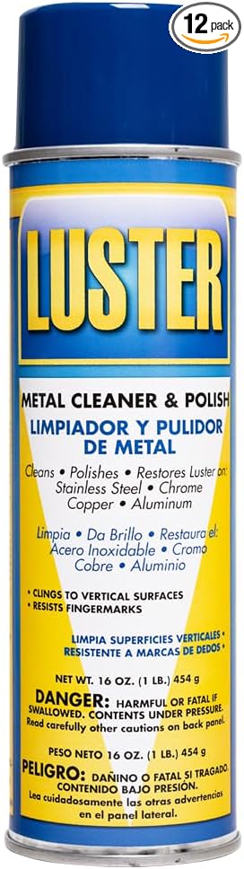 Luster Metal Polish Aerosol - Water-Based Stainless Steel Cleaner | Removes Oil, Food Stains, Watermarks | Restores Shine to Stainless Steel, Chrome, Copper, Aluminum No Greasy Film or Fingerprints 12