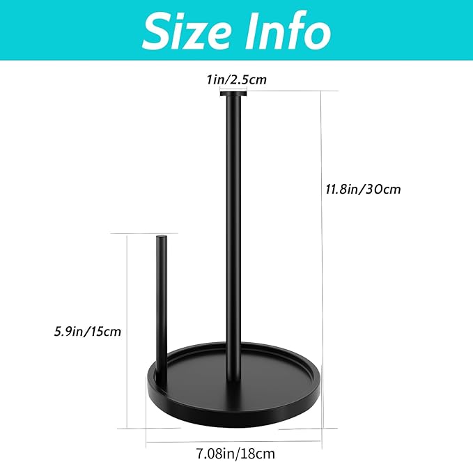 Paper Towel Holder Countertop, Standing Paper Roll Holder with Anti Slip Weighted Base, Stainless Steel Freestanding Paper Towel Holder for Kitchen, Black