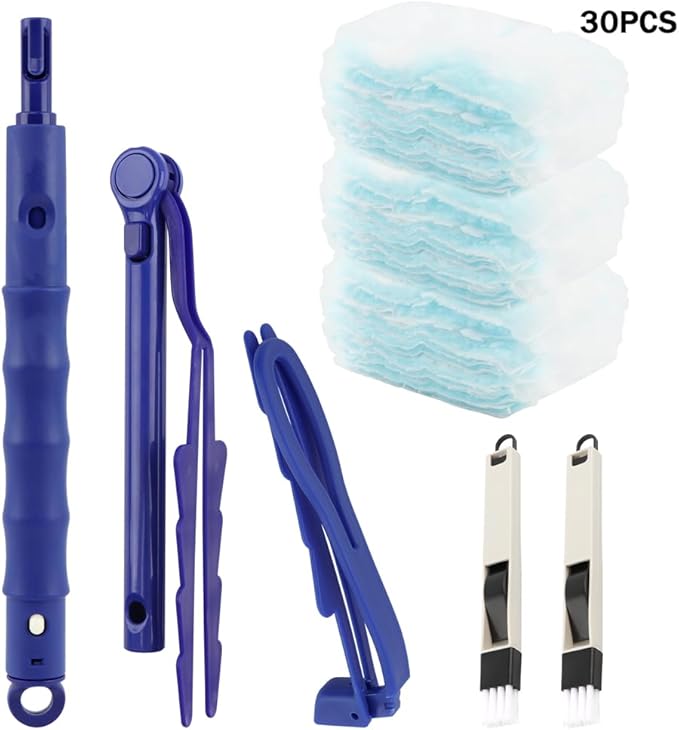 30 Count Heavy Duty Duster Refills with 2 Pcs Handles and Crevice Brushes Starter Kit, Microfibers Multisurface Dusters for Cleaning Home, Celling Fan, Blinds, Vent & Shelves(Blue)