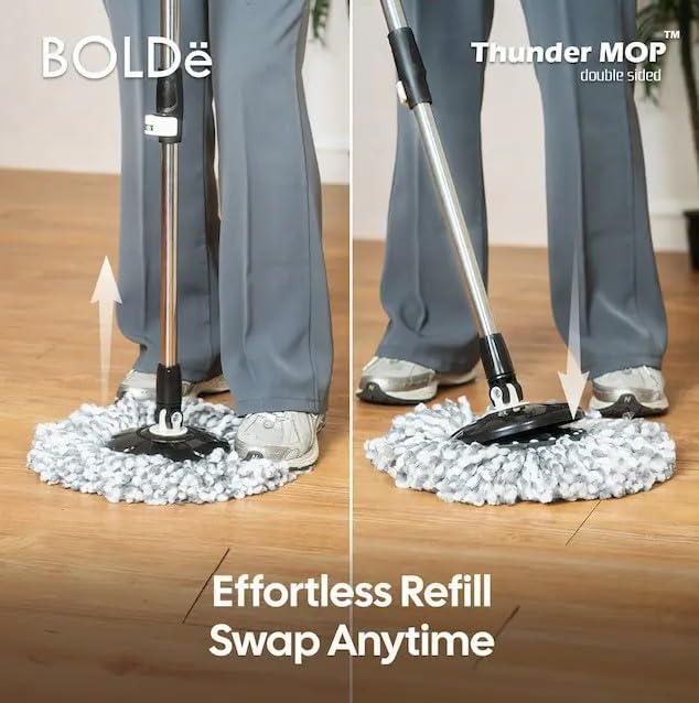 Thunder Mop Spin System - Double-Sided - 2 Compact Stackable 6L Buckets, Microfiber Head, Stainless Steel Wringer, Antifungal Quick-Dry Cleaning, Soap Dispenser, 3 Free Refills (Yellow/Blue)