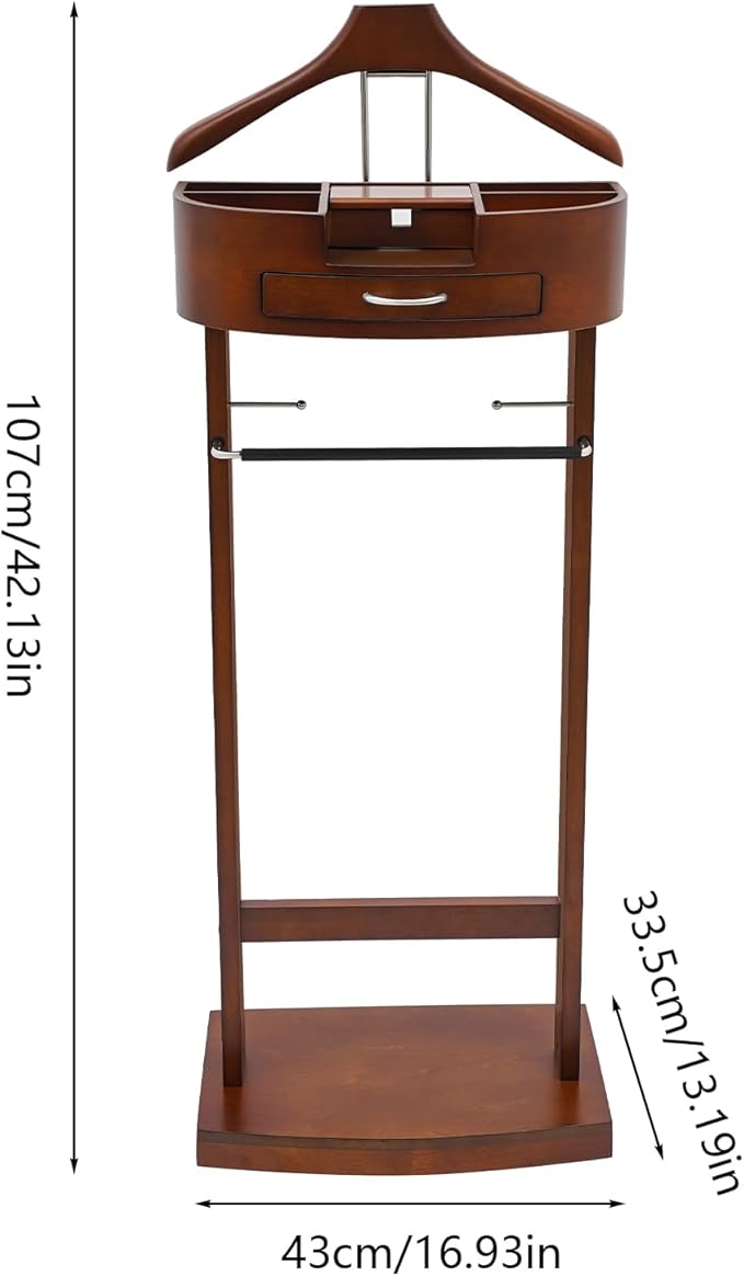 Valet Stand for Man and Women, Wood Suit Rack Suit Valet Stand with Top Tray, Storage Drawer, Bottom Shoe Rack, Freestanding Clothes Rack for Living Room, Entryway, Bedroom, Office, Black (Brown)