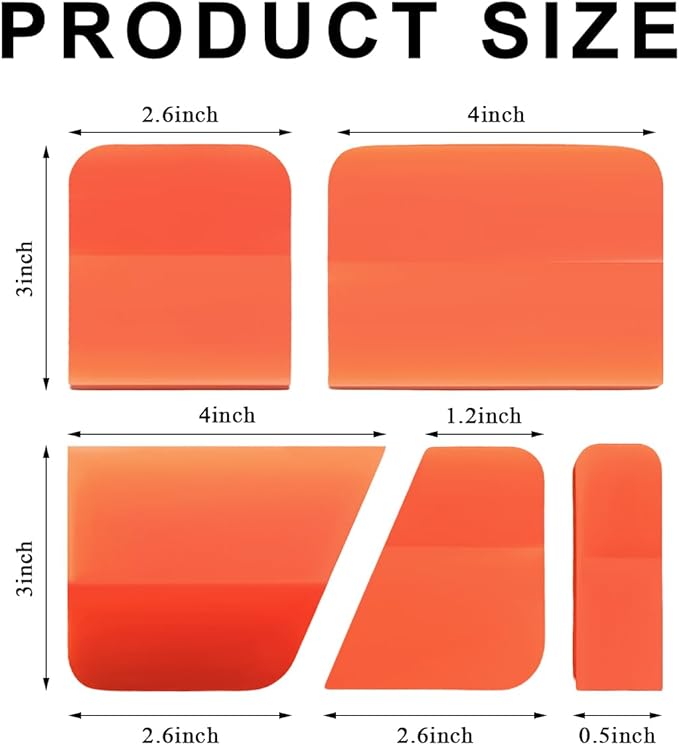 5 in 1 Rubber Squeegee Kit, Anti-Scratch Flexible Soft Matte TPU Coating Scraper Kit, Small Tint Squeegee Water Blade Scraper for Paint Protection Film Household Cleaning (Orange)