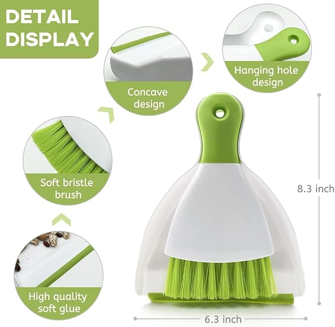 Small Hand Dust Pan and Brush - Small Broom and Dustpan Set, Mini Broom and Dustpan, Compact Dustpans and Brush for Home Cleaning, Sofa, Desk, Guinea Pig Cage, Cat Litter, etc. (Green 3 Set)